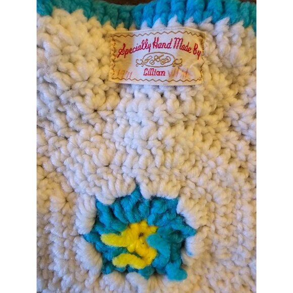 Handmade Crochet Blanket With Floral Hexagon Pattern White/Blue/Yellow - Picture 2 of 2